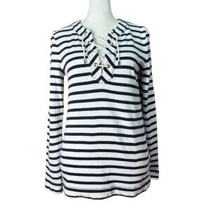 Kate Spade Womens Lace Up Striped Nautical Navy White 100% Cotton Shirt, Size XS